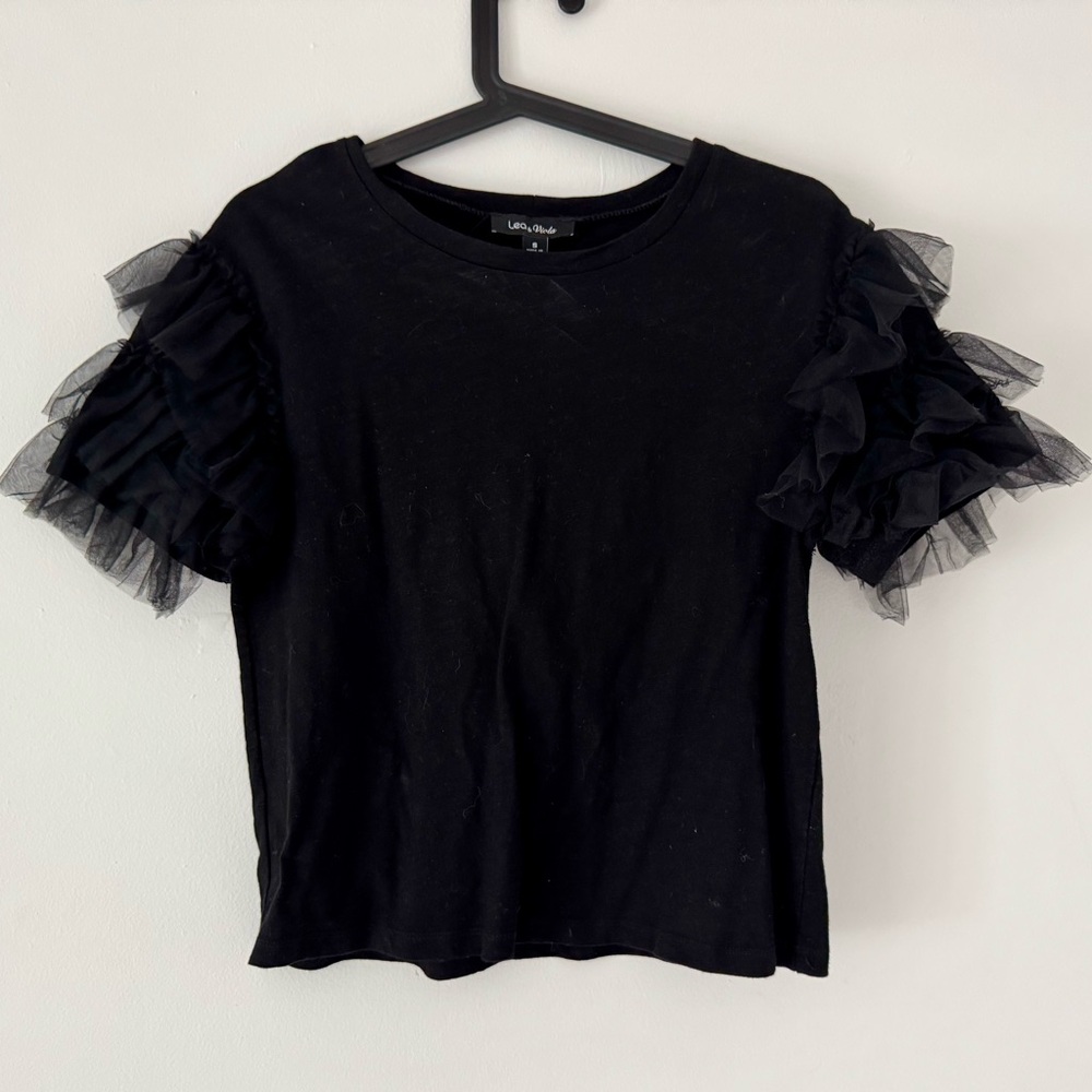 Lea & Viola Black Short Sleeve Top with Ruffle Detail